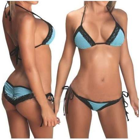 Sextoys, sexshop, loveshop, lingerie sexy : Maillot de bain et bikini : Sexy Bikini Bleu Dentelle Noire