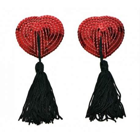 Sextoys, sexshop, loveshop, lingerie sexy : Nippies Cache Seins : Cache tétons cœur pailleté rouge et pompons à franges