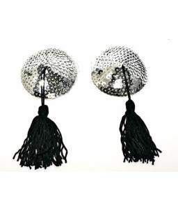 Sextoys, sexshop, loveshop, lingerie sexy : Nippies Cache Seins : Cache tétons burlesque argenté avec pompons noir