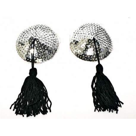 Sextoys, sexshop, loveshop, lingerie sexy : Nippies Cache Seins : Cache tétons burlesque argenté avec pompons noir