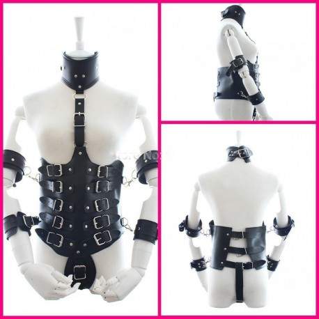 Sextoys, sexshop, loveshop, lingerie sexy : SM Contraintes : Tenue SM poitrine ouverte 4 contraintes Bras et Collier