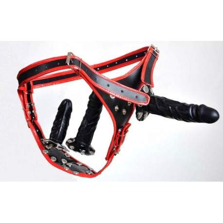 Sextoys, sexshop, loveshop, lingerie sexy : Gode Ceinture : Godemichet Ceinture Simili Cuir Triple Gode Noir