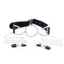 Sextoys, sexshop, loveshop, lingerie sexy : Baillons : Baillon en Cuir avec Trou pour la Bouche en Inox et Pinces à Tétons