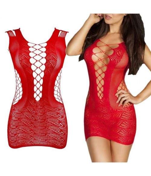 Sextoys, sexshop, loveshop, lingerie sexy : Robes sexy : Robe résille rouge sexy laçage ventrale S/M