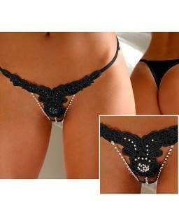 Sextoys, sexshop, loveshop, lingerie sexy : Strings & Boxers : Sexy String Noir Strass et Bijou Entrejambe