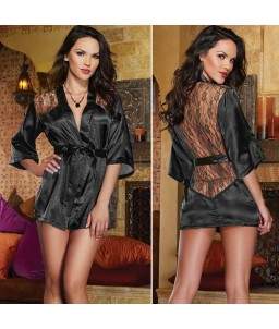 Sextoys, sexshop, loveshop, lingerie sexy : Déshabillés : Sexy Déshabillé Kimono Satiné et Dentelle Noir