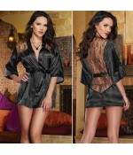 Sextoys, sexshop, loveshop, lingerie sexy : Déshabillés : Sexy Déshabillé Kimono Satiné et Dentelle Noir