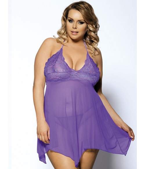 Sextoys, sexshop, loveshop, lingerie sexy : Lingerie sexy grande taille : Sexy Ensemble Déshabillé "XL" Dentelle et Voile Mauve