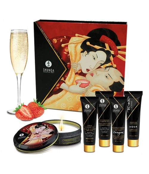 Sextoys, sexshop, loveshop, lingerie sexy : Coffret et Massage : Kit erotic art vin petillant à la fraise Shunga