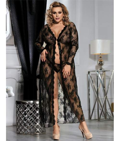 Sextoys, sexshop, loveshop, lingerie sexy : Lingerie sexy grande taille : Déshabillé Long noir en Dentelle XL