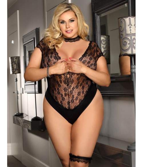 Sextoys, sexshop, loveshop, lingerie sexy : Lingerie sexy grande taille : Body sexy noir dentelle avec jarretière L/XL