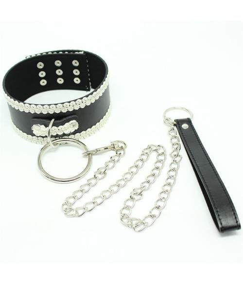 ❤ Colliers BDSM - Collier et laisse noir et dentelle blanche BDSM