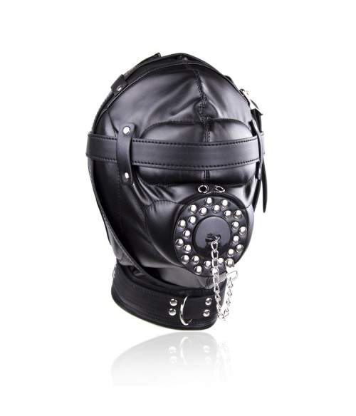 ❤ Cagoules SM - Cagoule BDSM noire avec plug bouche - boutique