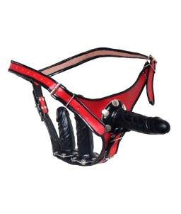 Sextoys, sexshop, loveshop, lingerie sexy : Gode Ceinture : Triple Godemichet Ceinture rouge et noir