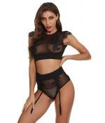 Sextoys, sexshop, loveshop, lingerie sexy : Déshabillés : Ensemble noirs sexy taille haute brodé