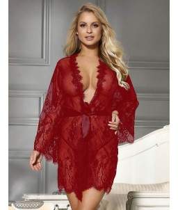 Sextoys, sexshop, loveshop, lingerie sexy : Déshabillés : Déshabillé kimono rouge en dentelle S/M