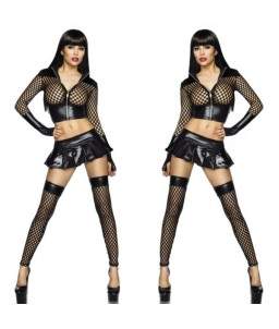 Sextoys, sexshop, loveshop, lingerie sexy : Lingerie Style Cuir & Vinyle Femme : Ensemble sexy simili cuir et résille noire