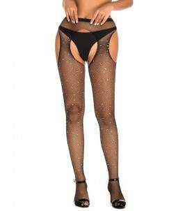 Sextoys, sexshop, loveshop, lingerie sexy : Bas & Collants : Sexy Collant ouvert résille et strass Noir TU