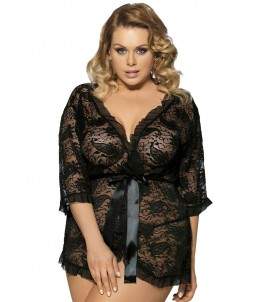 Sextoys, sexshop, loveshop, lingerie sexy : Lingerie sexy grande taille : Déshabillé kimono noir en dentelle XXL