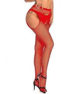 Sextoys, sexshop, loveshop, lingerie sexy : Bas & Collants : Sexy Collant ouvert résille et strass Rouge TU