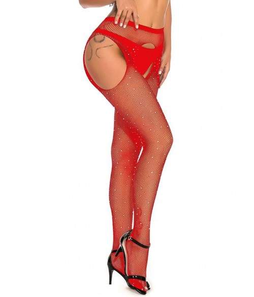 Sextoys, sexshop, loveshop, lingerie sexy : Bas & Collants : Sexy Collant ouvert résille et strass Rouge TU