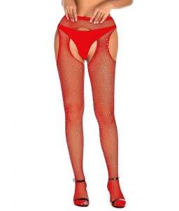 Sextoys, sexshop, loveshop, lingerie sexy : Bas & Collants : Sexy Collant ouvert résille et strass Rouge TU