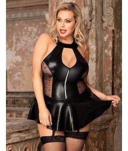 Sextoys, sexshop, loveshop, lingerie sexy : Lingerie sexy grande taille : Robe dos ouverte Sexy simili cuir noir L/XL