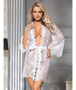 Sextoys, sexshop, loveshop, lingerie sexy : Déshabillés : Déshabillé kimono blanc en dentelle L/XL