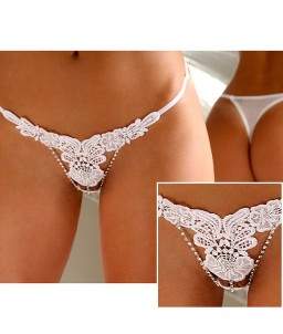 Sextoys, sexshop, loveshop, lingerie sexy : Lingerie sexy grande taille : Sexy String Broderie et Bijou Blanc L/XL