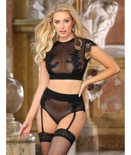 Sextoys, sexshop, loveshop, lingerie sexy : Déshabillés : Ensemble noirs sexy taille haute brodé