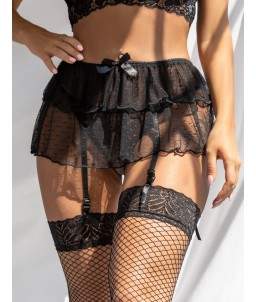 Sextoys, sexshop, loveshop, lingerie sexy : Porte jarretelles : porte jarretelle avec mini jupe en voile noir