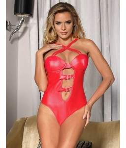 Sextoys, sexshop, loveshop, lingerie sexy : Lingerie Style Cuir & Vinyle Femme : Body sexy simili cuir rouge S/M