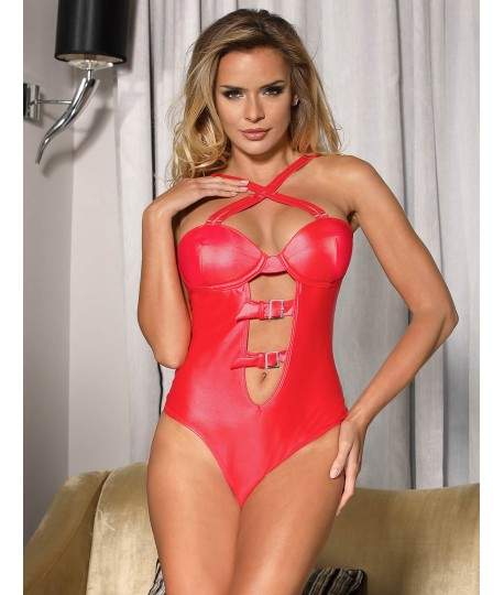 Sextoys, sexshop, loveshop, lingerie sexy : LINGERIE STYLE CUIR & VINYLE FEMME : Body sexy simili cuir rouge S/M