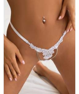 Sextoys, sexshop, loveshop, lingerie sexy : Lingerie sexy grande taille : Sexy String Broderie et Bijou Blanc L/XL