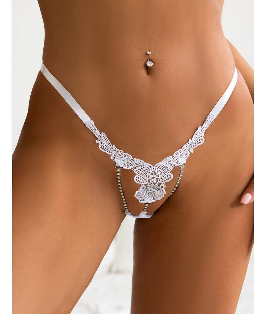 Sextoys, sexshop, loveshop, lingerie sexy : Lingerie sexy grande taille : Sexy String Broderie et Bijou Blanc L/XL