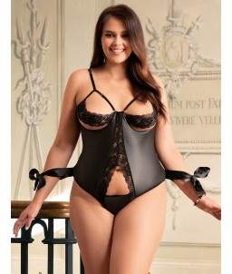 Sextoys, sexshop, loveshop, lingerie sexy : Lingerie sexy grande taille : Sexy Body noir ouvert et menotte XXXL