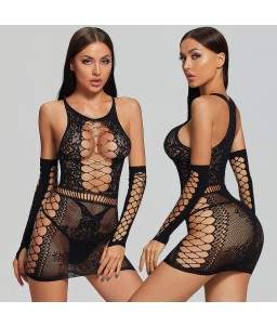 Sextoys, sexshop, loveshop, lingerie sexy : Robes sexy : Robe et gants résille noir sexy TU