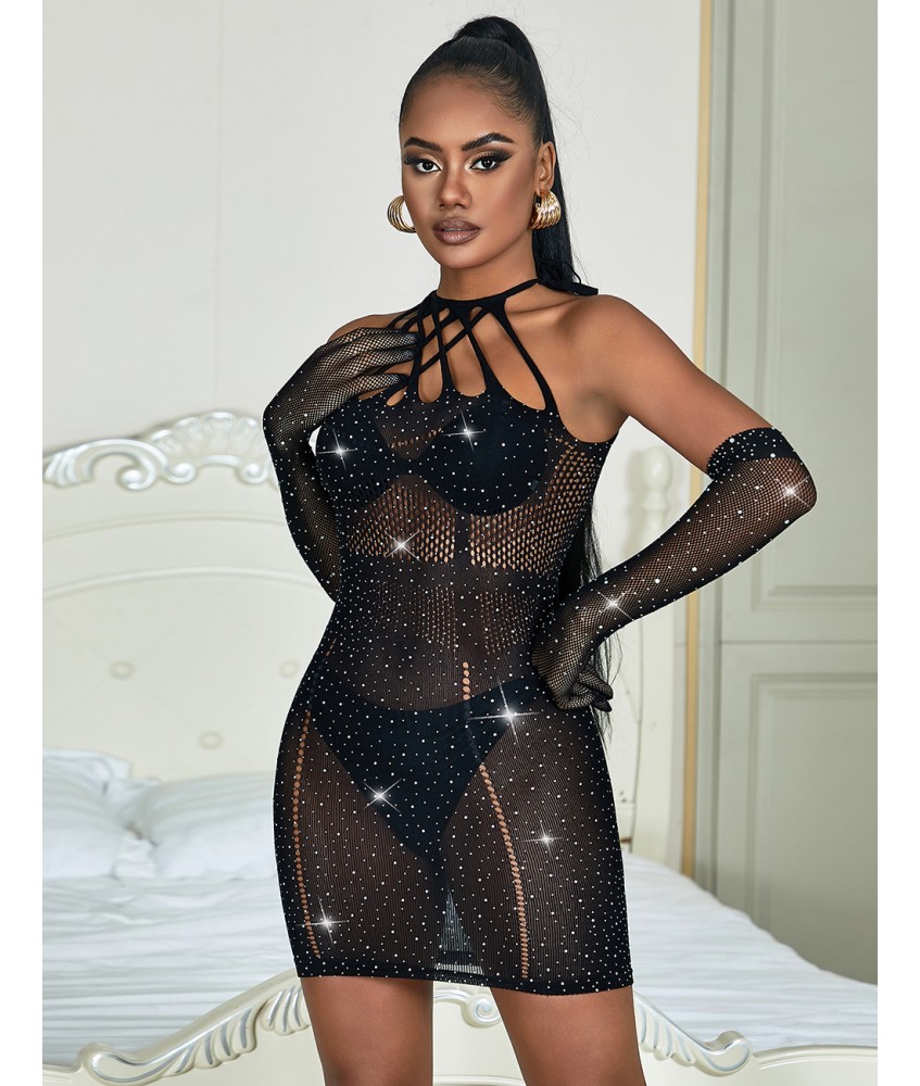 Sextoys, sexshop, loveshop, lingerie sexy : Robes sexy : Robe sexy résille strass noir M