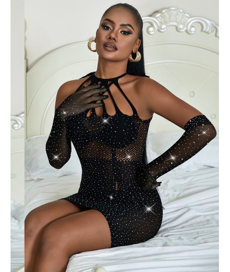 Sextoys, sexshop, loveshop, lingerie sexy : Lingerie sexy grande taille : Robe et gant sexy résille strass noir XL
