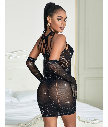Sextoys, sexshop, loveshop, lingerie sexy : Lingerie sexy grande taille : Robe et gant sexy résille strass noir XL