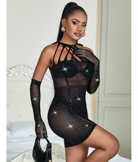 Sextoys, sexshop, loveshop, lingerie sexy : Lingerie sexy grande taille : Robe et gant sexy résille strass noir XL