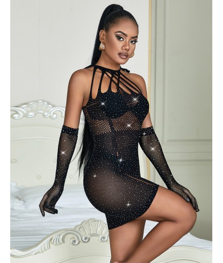 Sextoys, sexshop, loveshop, lingerie sexy : Lingerie sexy grande taille : Robe et gant sexy résille strass noir XL