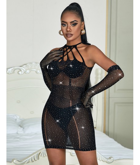 Sextoys, sexshop, loveshop, lingerie sexy : Lingerie sexy grande taille : Robe et gant sexy résille strass noir XL