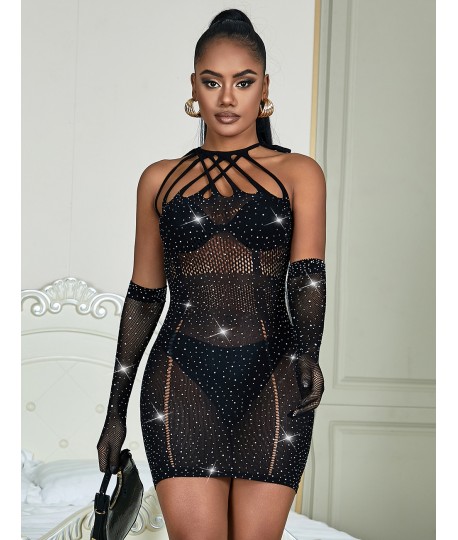 Sextoys, sexshop, loveshop, lingerie sexy : Lingerie sexy grande taille : Robe et gant sexy résille strass noir XL