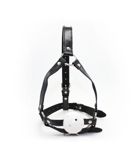 Sextoys, sexshop, loveshop, lingerie sexy : Baillons : Cagoule Baillon Boule blanche & Harnais Cuir