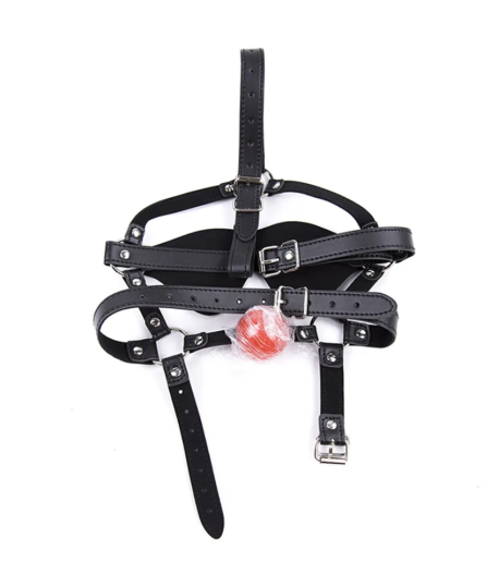 Sextoys, sexshop, loveshop, lingerie sexy : Baillons : Cagoule Baillon Boule Harnais Cuir avec bandeau