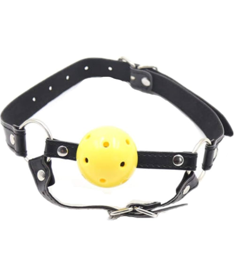 Sextoys, sexshop, loveshop, lingerie sexy : Baillons : Baillon Boule jaune et collier en Cuir Noir