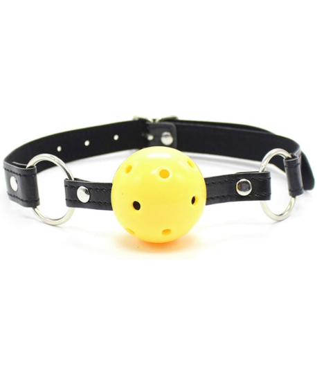 Sextoys, sexshop, loveshop, lingerie sexy : Baillons : Baillon Boule jaune et collier en Cuir Noir