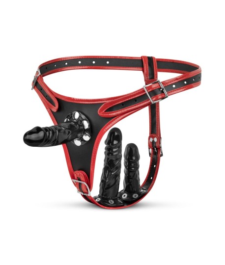Sextoys, sexshop, loveshop, lingerie sexy : Gode Ceinture : Godemichet Ceinture Simili Cuir Triple Gode Noir