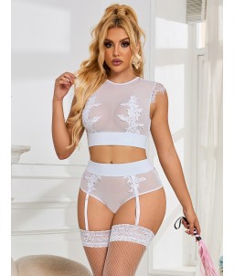Sextoys, sexshop, loveshop, lingerie sexy : Déshabillés : Ensemble sexy taille haute brodé blanc